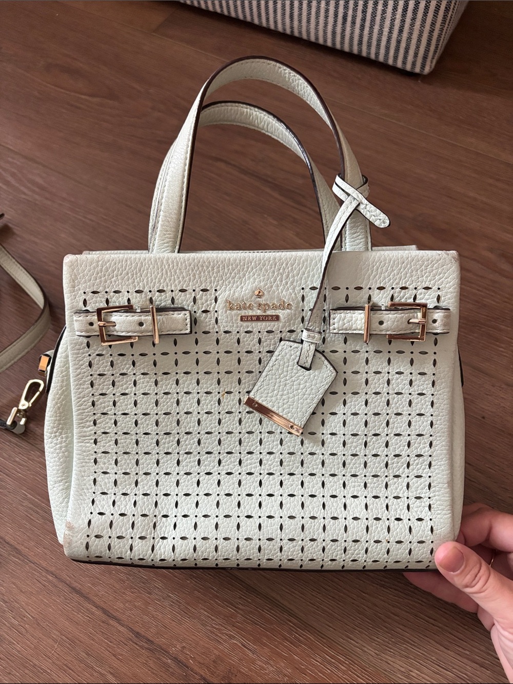 kate spade Cream Perforated Pebbled Leather Satchel with Gold Hardware